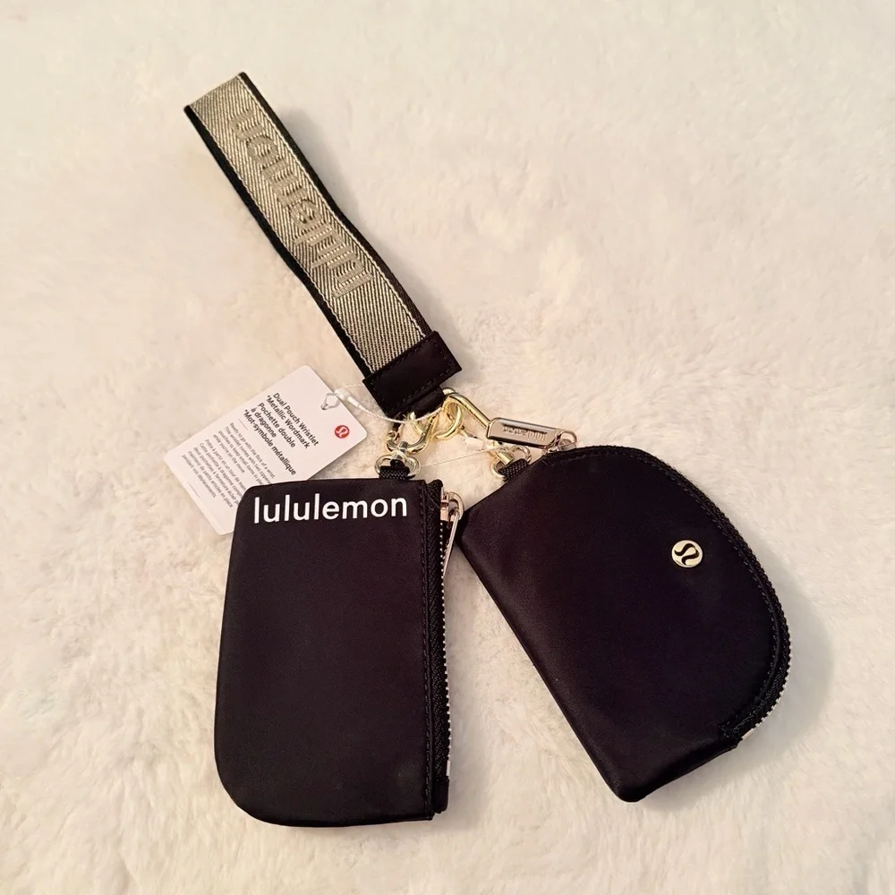 Lululemon Black Dual Pouch Wrislet Wordmark with Gold Accents